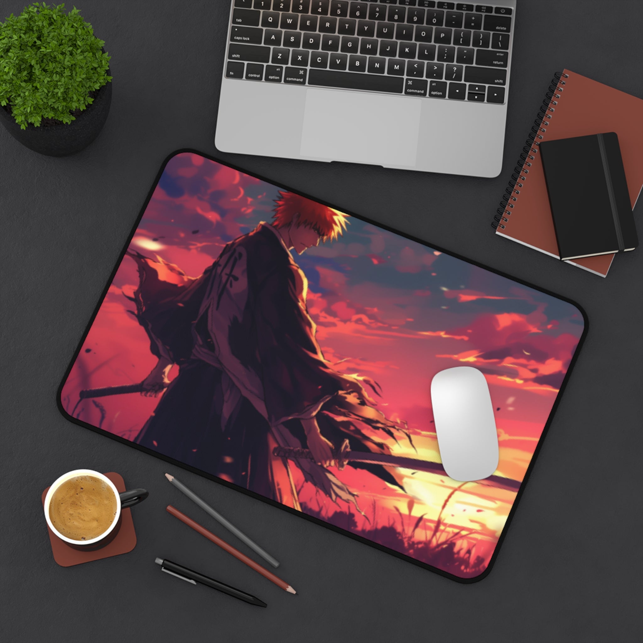 bleach Samurai Sunset Desk Mat | Anime Sword Silhouette, Red Sky